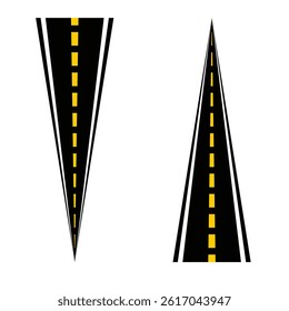 Perspective Road Vector Illustration Set – Highway Lane with Yellow Divider, Isolated on White.