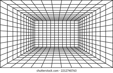Sala de perspectiva con rejilla negra. piso lineal 3D y dimensión interior vacía. Diseño de alambre de estudio virtual. Marco simple de ciberespacio e ilustración de vector geométrico de alambre cuadrado