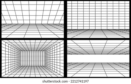 Perspective room with black grid. Set 3D linear floor and empty interior dimension. Virtual studio wireframe design collection. Simple cyber space frame and geometric square wire vector illustration
