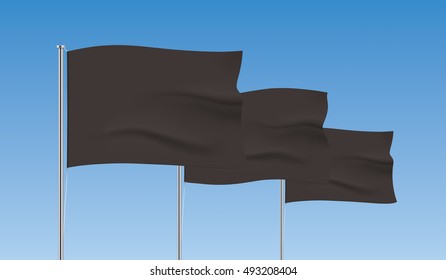 Perspective row of black flags. Waving flag vector templates. Advertising flags realistic mockup.