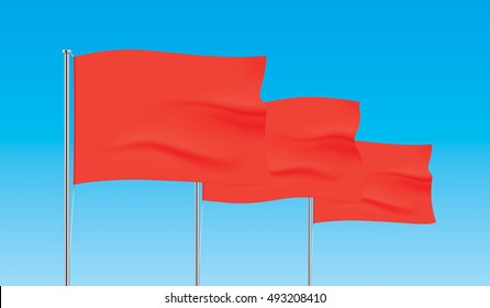 Perspective row of red flags. Waving flag vector templates. Advertising flags realistic mockup.