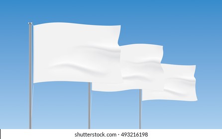 Perspective row of white flags. Waving flag vector templates. Advertising flags realistic mockup.