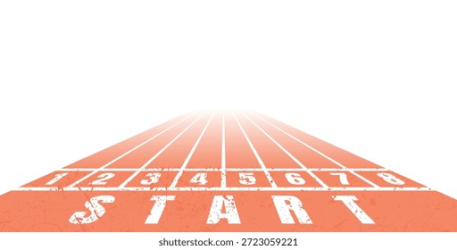 Perspective running track with distressed start line and numbered lanes fading into distance, suitable for athletics themes, motivation designs, race concepts and sport-related creative projects.