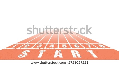 Perspective running track with distressed start line and numbered lanes fading into distance, suitable for athletics themes, motivation designs, race concepts and sport-related creative projects.