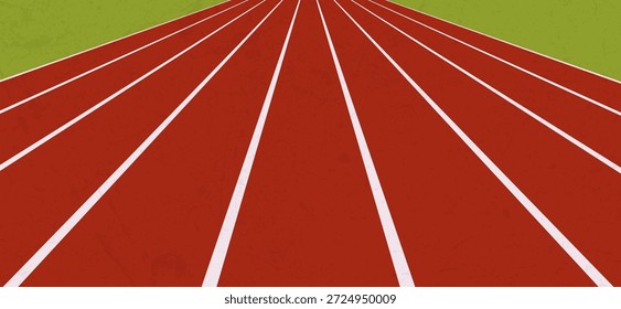 Ilustración de pista de atletismo de Perspectiva con líneas de carril blancas y textura superficial sutil bordeada por un campo verde, adecuada para imágenes de atletismo, temas de diseño deportivo y proyectos creativos relacionados con el entrenamiento.