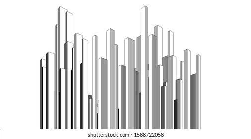Perspective sketch 3d Wireframe of building, City scene skyscrapers.