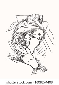 Perspective sketch. Teenage girl laying in bed with smartphone with feet close to us, Hand drawn vector illustration