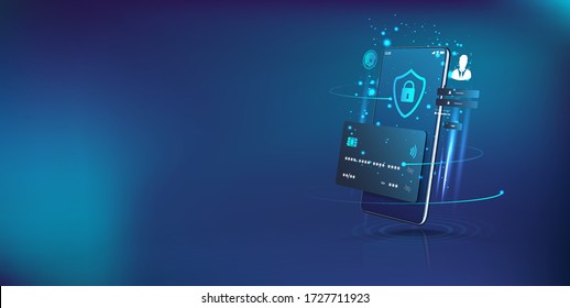 Perspective Smartphone And Internet Banking App. Online Payment Security Transaction Via Credit Card. Digital Protection, Transfer Pay Protection. Modern Smartphone App. Vector Illustration