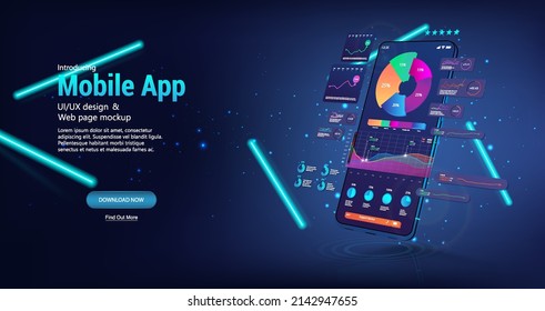 Perspective smartphone with UI, UX interface. Mobile app coding and customization concept. 3D smartphone in perspective position with user interface design. Mobile phone and App, coding, usability UI