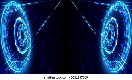 Perspective speed arrow and glowing HUD circle of computer data. Abstract futuristic high technology background. Internet motivation and connection to communicate of innovation