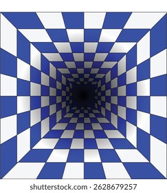 Perspective squares the illusion of a tunnel. Abstract perspective geometric pattern empty box. Endless Tunnel Checkerboard Pattern. Perspective illusion.