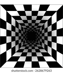 Perspektive quadriert die Illusion eines Tunnels. Abstrakte Perspektive geometrisches Muster leeren Kasten. Endloses Tunnelschachbrettmuster. Perspektivische Illusion.
