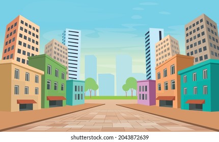 Perspective street of the city with houses facades panoramic view. Colored cityscape.