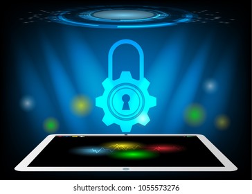 perspective tablet showing colorful screen  on dark blue technology abstract background copy space with spotlighting  stage show background. digital electronic technology concept vector illustrations 