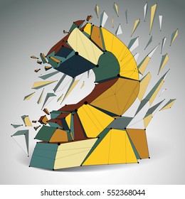 Perspective technology demolished number 2 with black lines and dots connected, polygonal wireframe font. Explosion effect, abstract colorful faceted element cracked into multiple fragments.