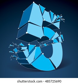 Perspective technology demolished number 5 with white lines and dots connected, polygonal wireframe font. Explosion effect, abstract faceted element cracked into multiple fragments.