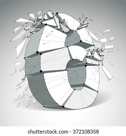 Perspective technology demolished number 6 with black lines and dots connected, polygonal wireframe font. Explosion effect, abstract faceted element cracked into multiple fragments.