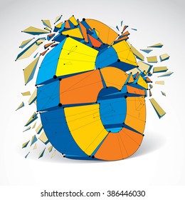 Perspective technology demolished number 6 with black lines and dots connected, polygonal wireframe font. Explosion effect, abstract faceted thread element cracked into multiple fragments.