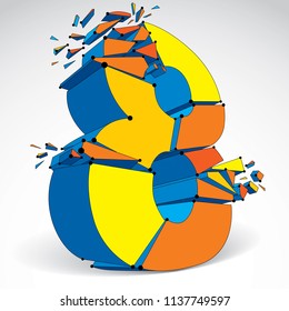 Perspective technology demolished number 8 with black lines and dots connected, polygonal wireframe colorful font. Explosion effect, abstract faceted element cracked into multiple fragments.