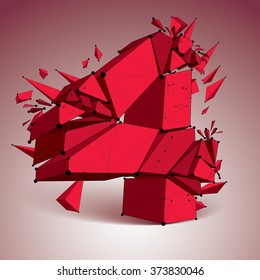 Perspective technology demolished red number 4 with black lines and dots connected, polygonal wireframe font. Explosion effect, abstract faceted element cracked into multiple fragments.
