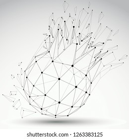 Perspective technology demolished shape with black lines and dots connected, polygonal wireframe object. Explosion effect, abstract faceted element cracked into multiple fragments.