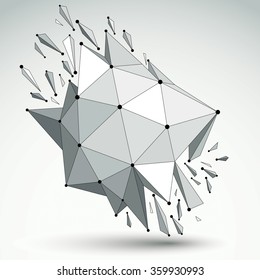 Perspective technology demolished shape with black lines and dots connected, polygonal wireframe object. Explosion effect, abstract faceted element cracked into multiple fragments.