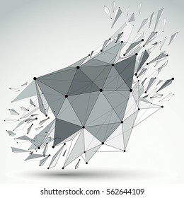 Perspective technology demolished shape with black lines and dots connected, polygonal wireframe object. Explosion effect, abstract faceted element cracked into multiple fragments.