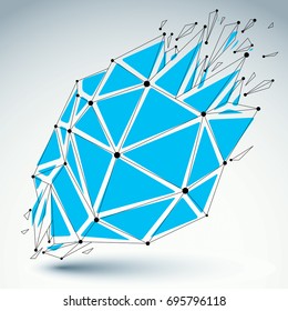 Perspective technology demolished shape with black lines and dots connected, polygonal blue wireframe object. Explosion effect, abstract faceted element cracked into multiple fragments.
