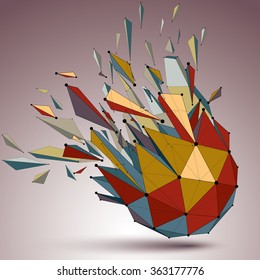 Perspective technology demolished shape with lines and dots connected, bright polygonal wireframe object. Explosion effect, abstract faceted element cracked into multiple fragments.