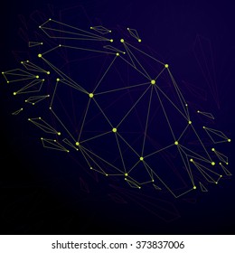 Perspective technology demolished shape with lines and dots connected, communication technology polygonal wireframe object. Explosion effect, abstract faceted element cracked into fragments. 