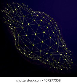 Perspective technology demolished shape with lines and dots connected, communication technology polygonal wireframe object. Explosion effect, abstract faceted element cracked into fragments. 