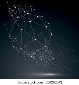 Perspective technology demolished shape with luminescent connected white lines and dots, polygonal wireframe object. Explosion effect, abstract faceted element cracked into multiple fragments.