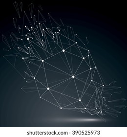 Perspective technology demolished shape with luminescent connected white lines and dots, polygonal wireframe object. Explosion effect, abstract faceted element cracked into multiple fragments.