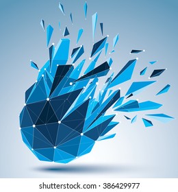 Perspective technology demolished shape with white dotted lines connected, polygonal blue complicated wireframe object. Explosion effect, abstract faceted element cracked into multiple fragments.
