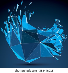 Perspective technology demolished shape with white dotted lines connected, polygonal blue wireframe object. Explosion effect, abstract thread faceted element cracked into multiple fragments.