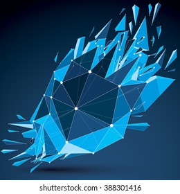 Perspective technology demolished shape with white dotted lines connected, polygonal blue wireframe object. Explosion effect, abstract thread faceted element cracked into multiple fragments.