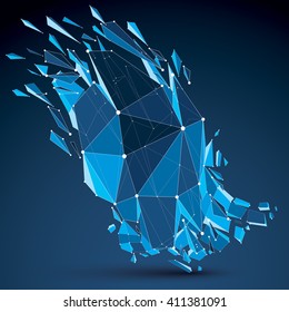 Perspective technology demolished shape with white dotted lines connected, polygonal blue wireframe object. Explosion effect, abstract thread faceted element cracked into multiple fragments.