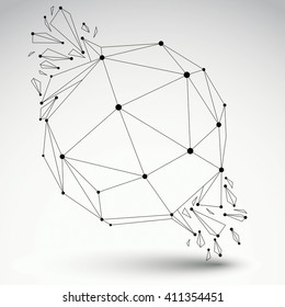 Perspective technology demolished transparent shape with black lines and dots connected, polygonal wireframe object. Explosion effect, abstract faceted orb element cracked into multiple fragments.