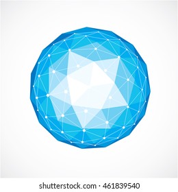 Perspective technology shape with black lines and dots connected, polygonal wireframe object. Abstract faceted element isolated on white for use as design structure on communication technology theme