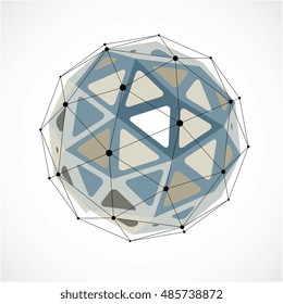 Perspective technology shape with black lines and dots connected, polygonal wireframe object. Abstract gray faceted element for use as design structure on communication technology theme