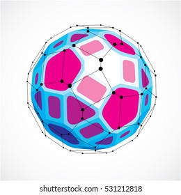 Perspective technology shape with black lines and dots connected, polygonal wireframe object. Abstract purple faceted element for use as design structure on communication technology theme