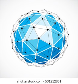 Perspective technology shape with black lines and dots connected, polygonal wireframe object. Abstract faceted element isolated on white for use as design structure on communication technology theme