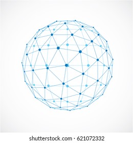 Perspective technology shape with black lines and dots connected, polygonal wireframe object. Abstract blue faceted element for use as design structure on communication technology theme