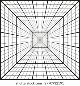 Perspective tunnel grid wireframe design vector. Infinite geometric lines create deep spatial depth for architectural art.