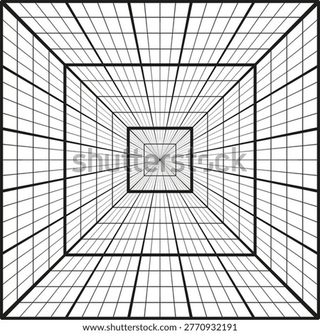 Perspective tunnel grid wireframe design vector. Infinite geometric lines create deep spatial depth for architectural art.
