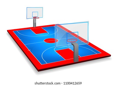 Perspective Vector Illustration Of Basketball Court Field With Shield. Vector EPS 10. Room For Copy.