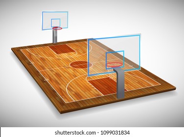 Perspective Vector Illustration Of Hardwood Basketball Court Field With Shield. Vector EPS 10. Room For Copy.