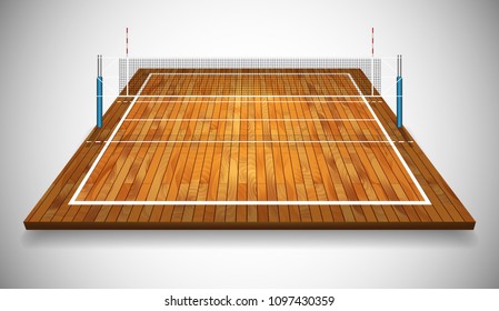 Perspective Vector Illustration Of Hardwood Vollyball Field Court With Net. Vector EPS 10. Room For Copy.