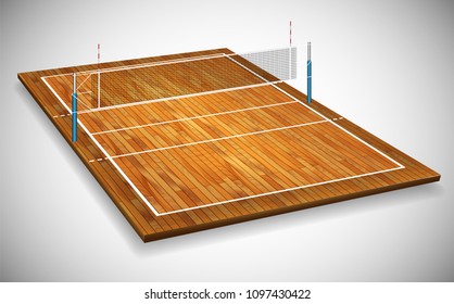 Perspective Vector Illustration Of Hardwood Vollyball Field Court With Net. Vector EPS 10. Room For Copy.