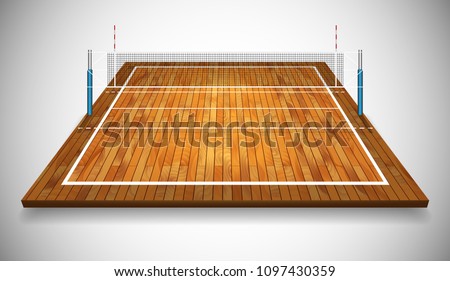 Perspective vector illustration of hardwood vollyball field court with net. Vector EPS 10. Room for copy.